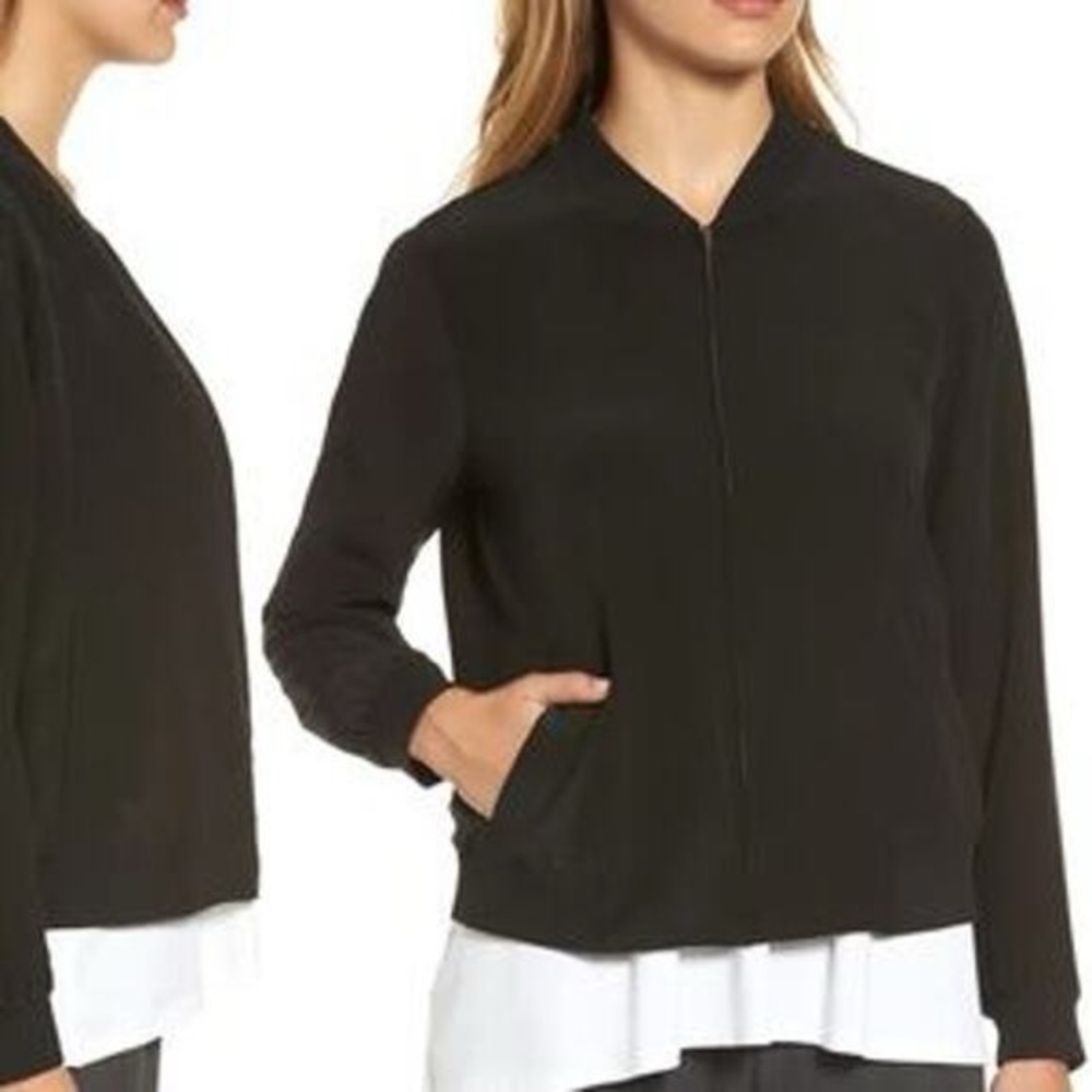 Eileen Fisher Black 100% Silk Lightweight Classy Timeless Bomber Jacket
